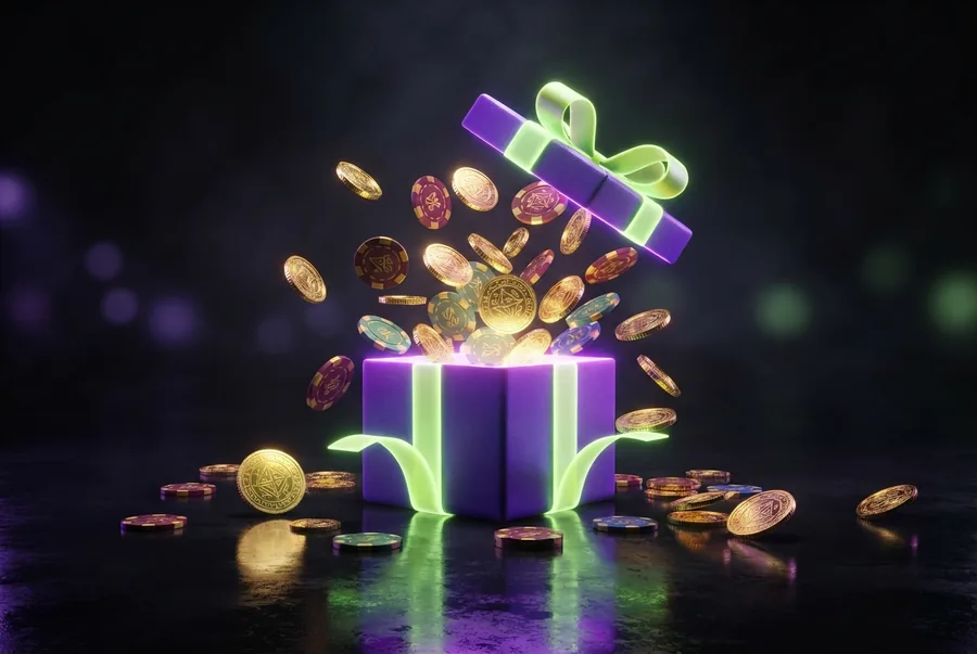 Illustration : coffret de bienvenue LuckyBoom débordant de jetons et de pièces